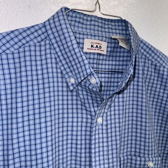MEN’S K.A.D CLOTHING SHIRT XL PLAID BLUE & WHITE PLAID SHORT SLEEVES VINTAGE - Picture 2 of 6
